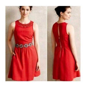 Anthropologie Maeve Sheer Lattice Neck Dress Woman Size 4 Red Sleeveless Preppy